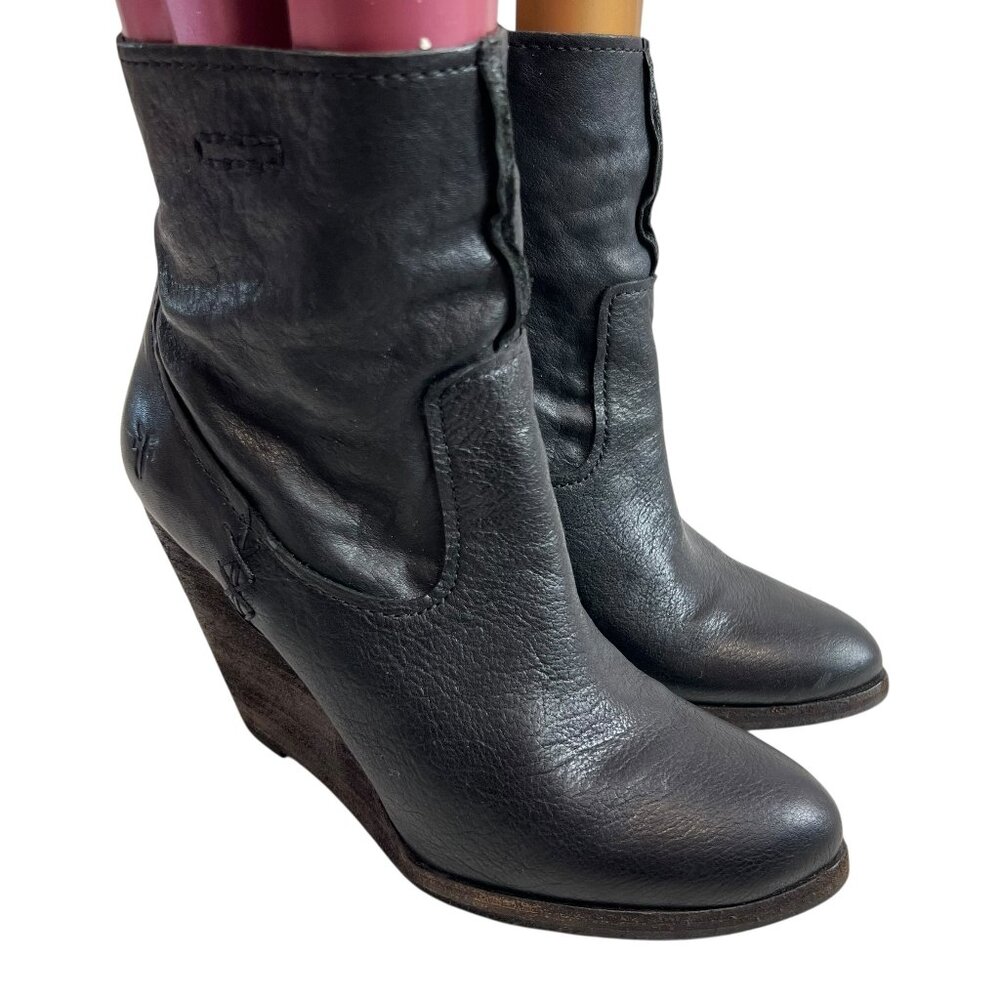 Frye Black Leather Wedge Ankle Boots